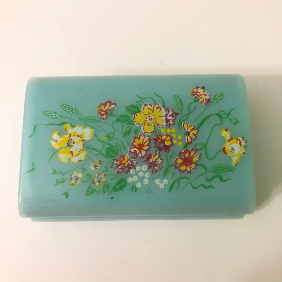 Vintage Trinket Box  Blue Plastic Hong Kong Hinged Floral Case Flaws - Picture 2 of 16
